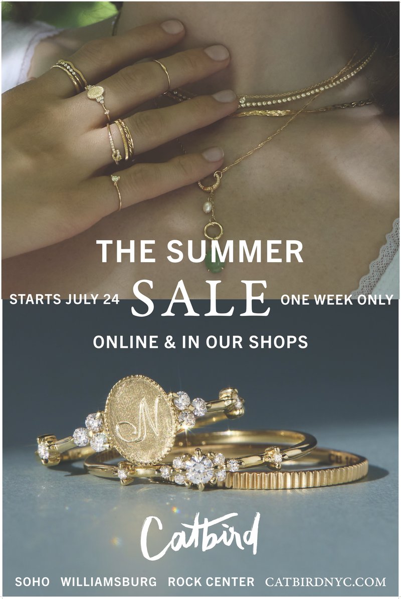 Catbird Summer Sale NYC creative featuring SoHo, Williamsburg, and Rockefeller Center store locations